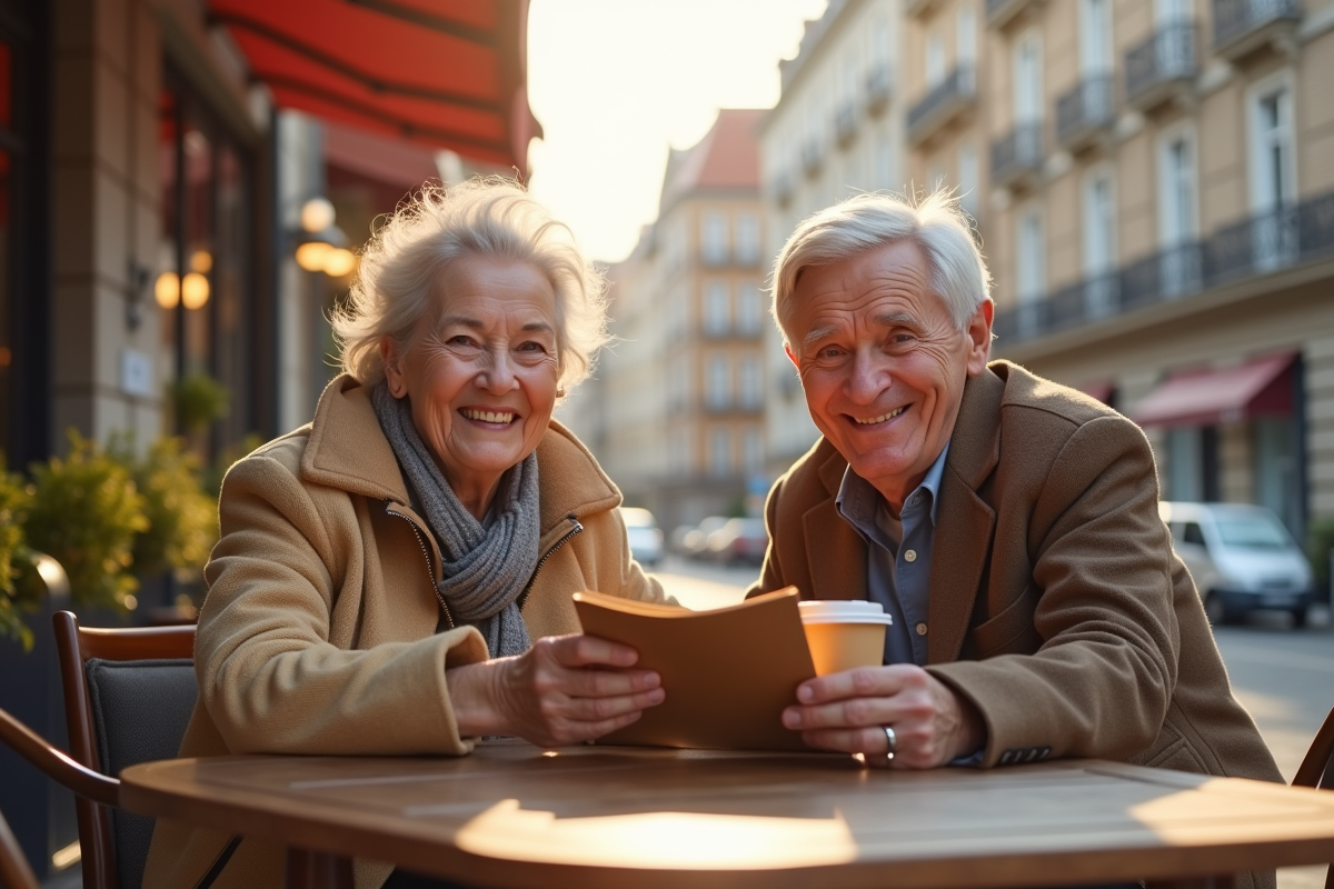 Couple senior souriant au café en ville avec brochures