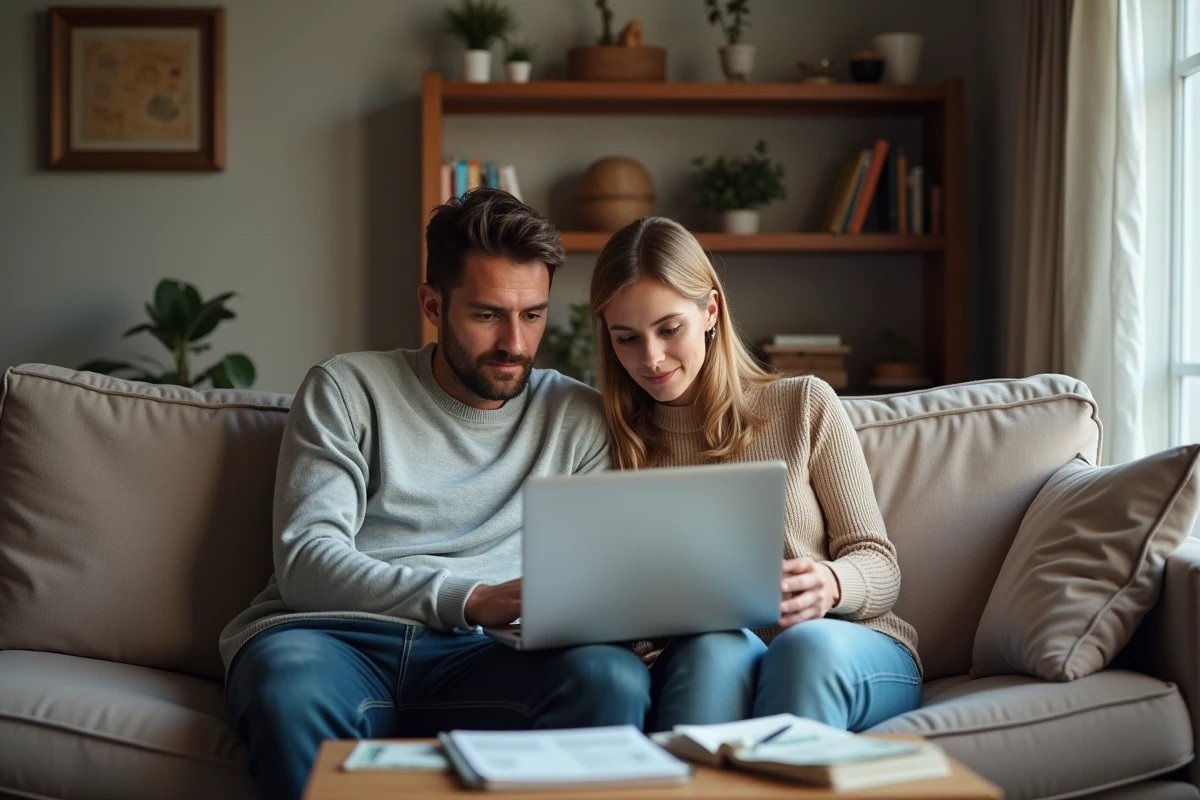 Couple consultant une simulation d'épargne Livret A 2026 sur ordinateur portable dans leur salon