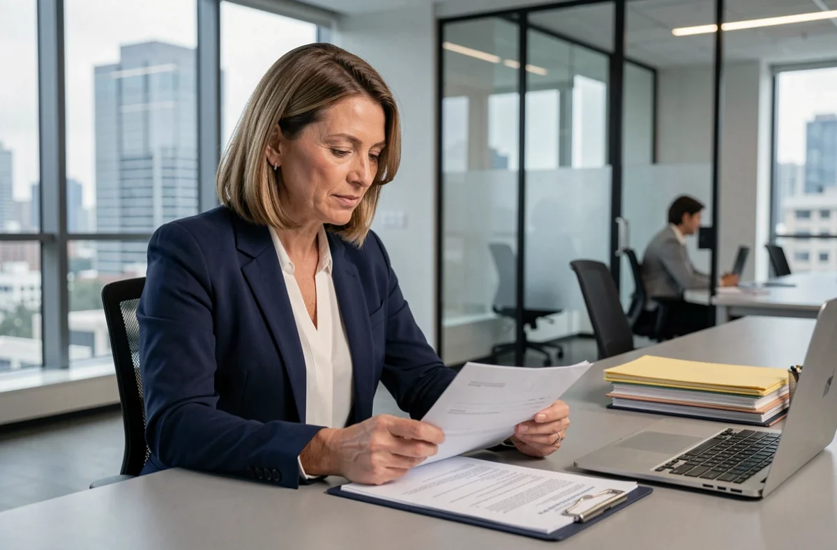 Femme d'affaires professionnelle examinant des documents d'assurance dans un bureau moderne, illustrant le choix d'un courtier en assurance pour entreprise