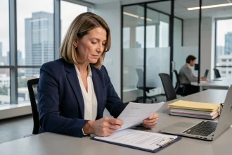 Femme d'affaires professionnelle examinant des documents d'assurance dans un bureau moderne, illustrant le choix d'un courtier en assurance pour entreprise