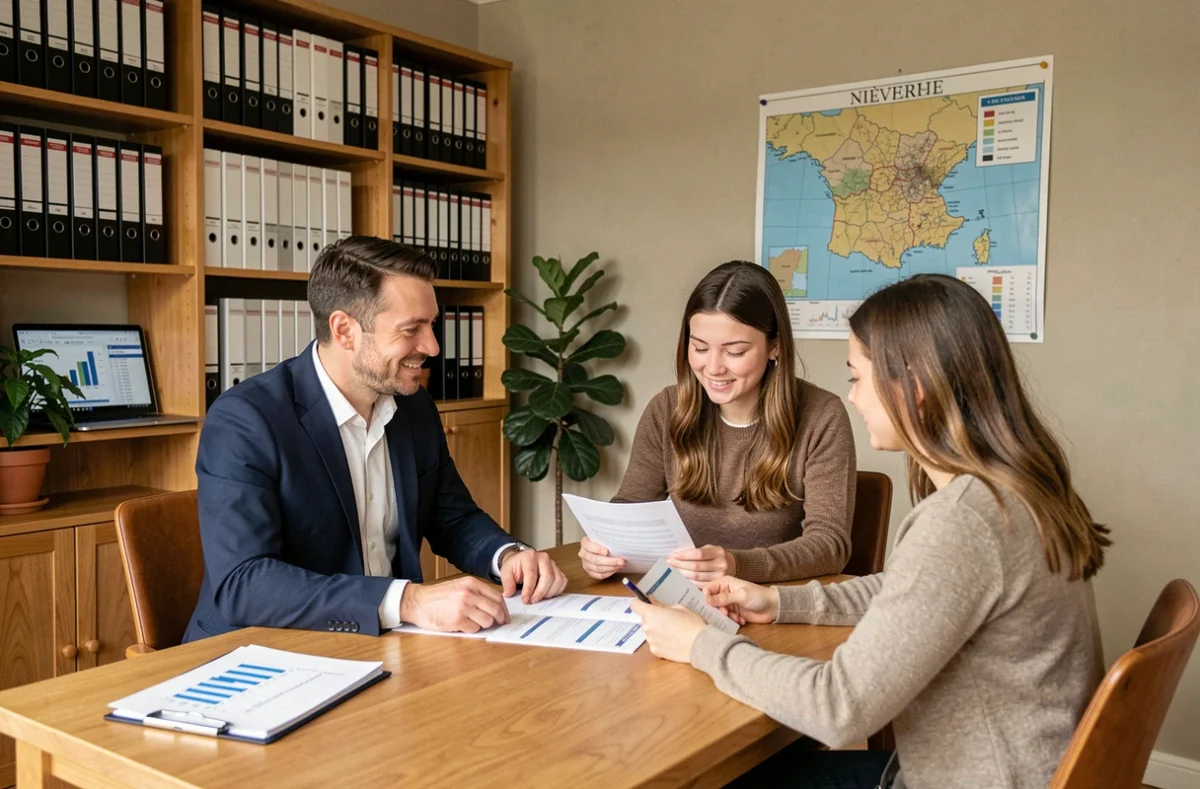 Un courtier en crédit immobilier de la Nièvre conseille un couple dans son bureau professionnel