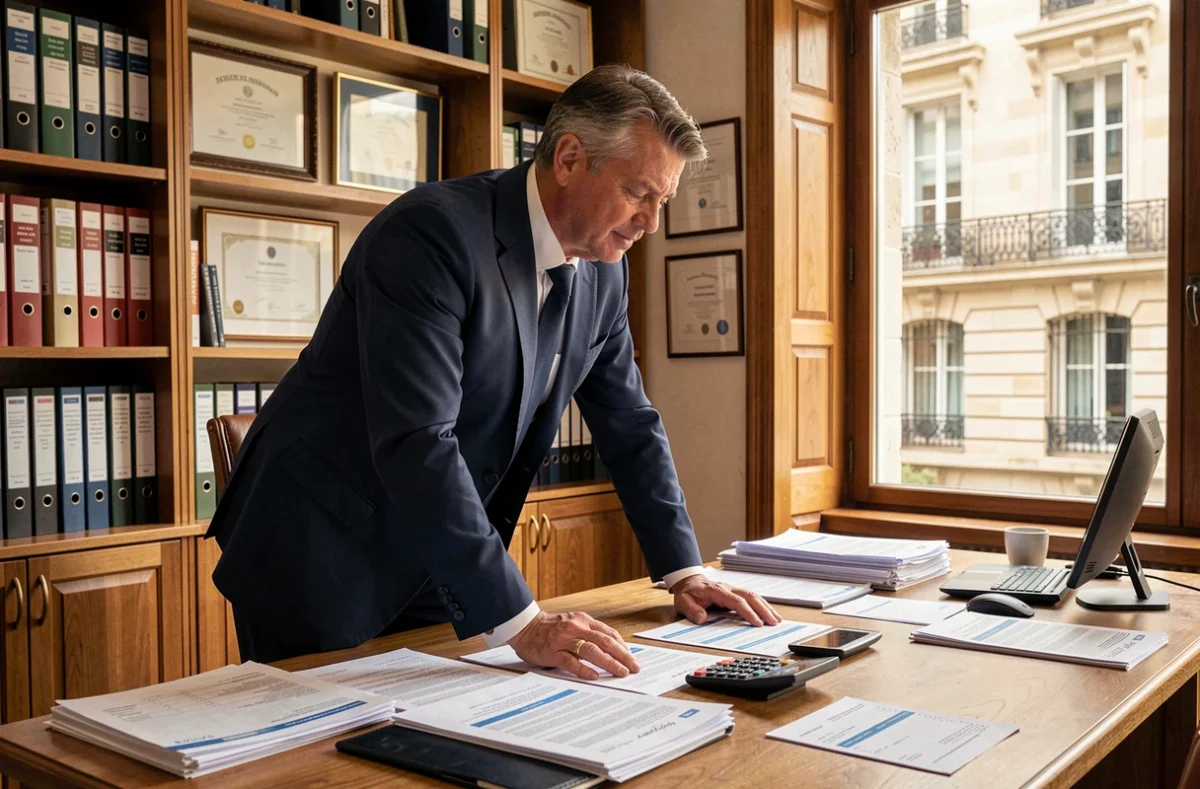 Expert courtier de Courtier Crédits Dijon analysant des dossiers de crédit immobilier sur son bureau