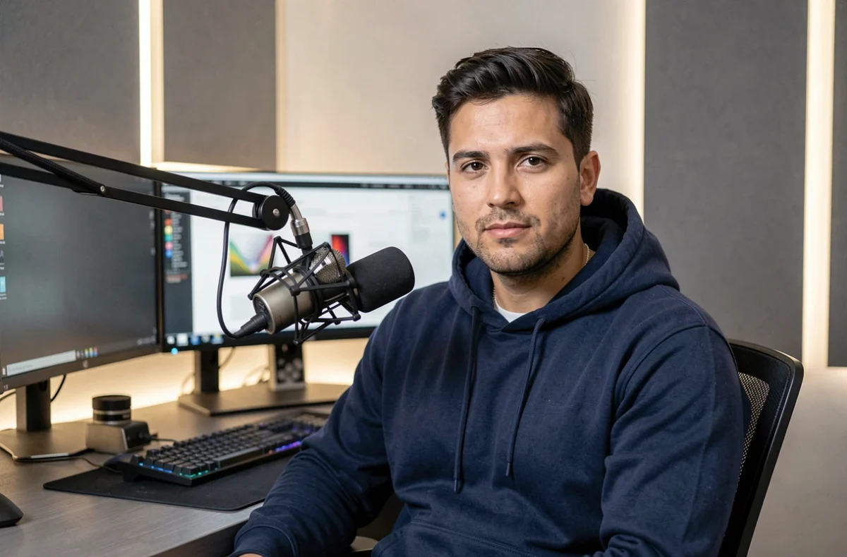 Créateur de contenu YouTube assis à son bureau de studio moderne, illustrant la trajectoire d'un influenceur devenu entrepreneur numérique