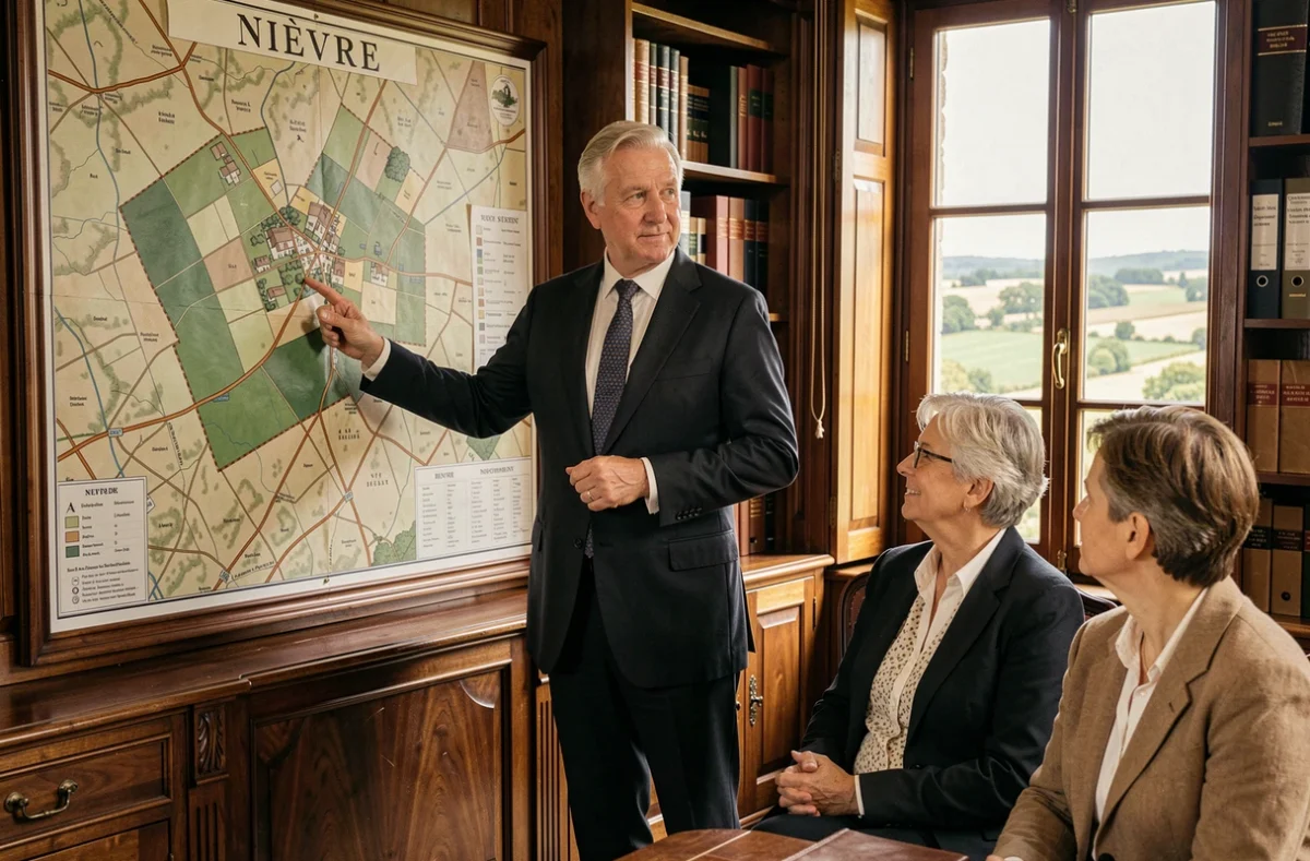 Guy de Milleville, courtier immobilier de la Nièvre, présentant le département sur une carte à ses clients
