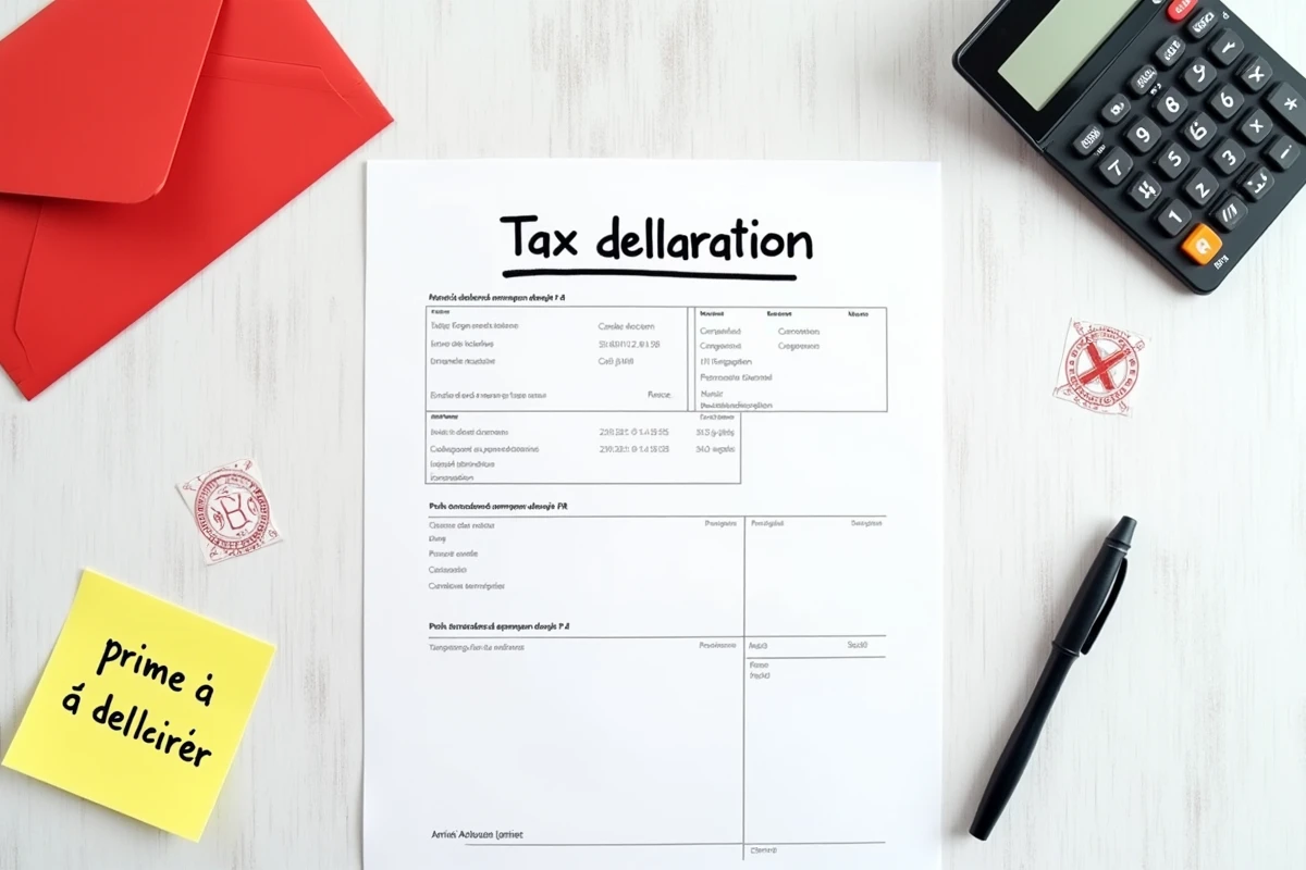 Vue aérienne d'une déclaration fiscale française avec calculatrice et enveloppe rouge symbolisant l'obligation de déclarer la prime Macron