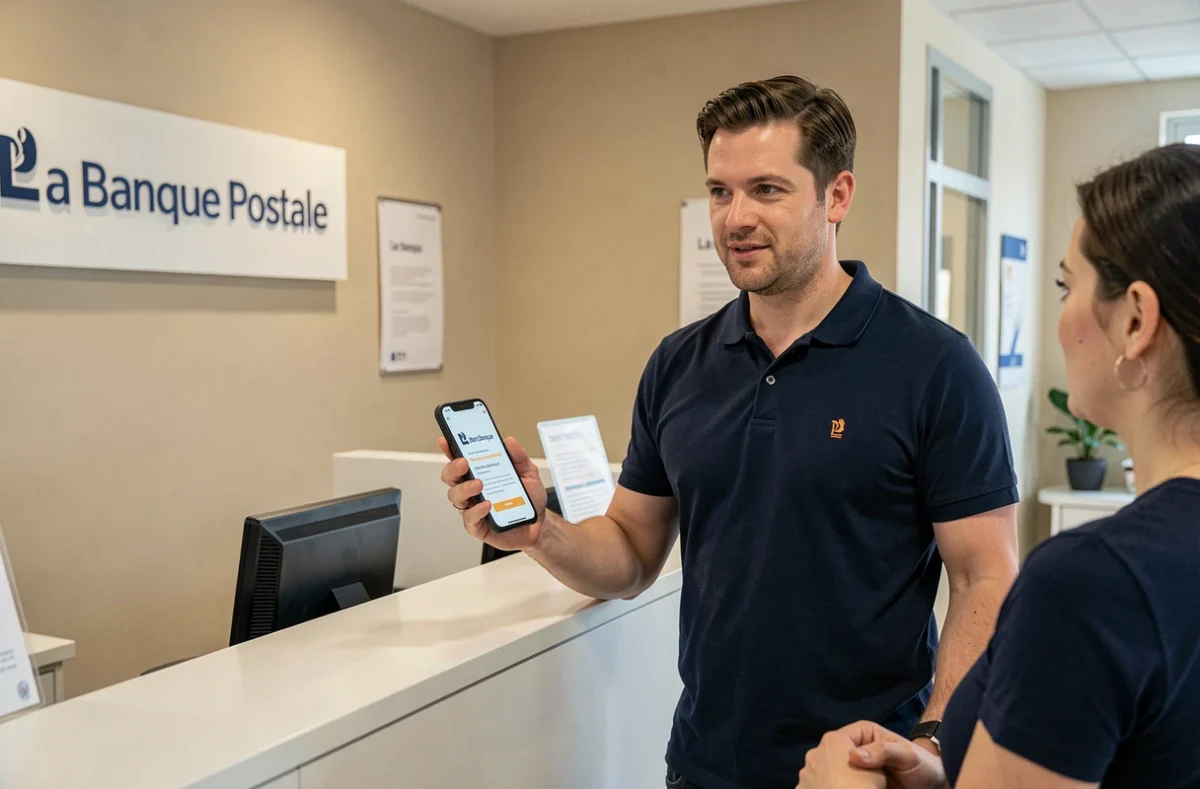 Client demandant son attestation d'assurance voyage au guichet de La Banque Postale