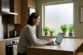 Femme faisant une demande de mini crédit en ligne sur son ordinateur portable dans sa cuisine moderne