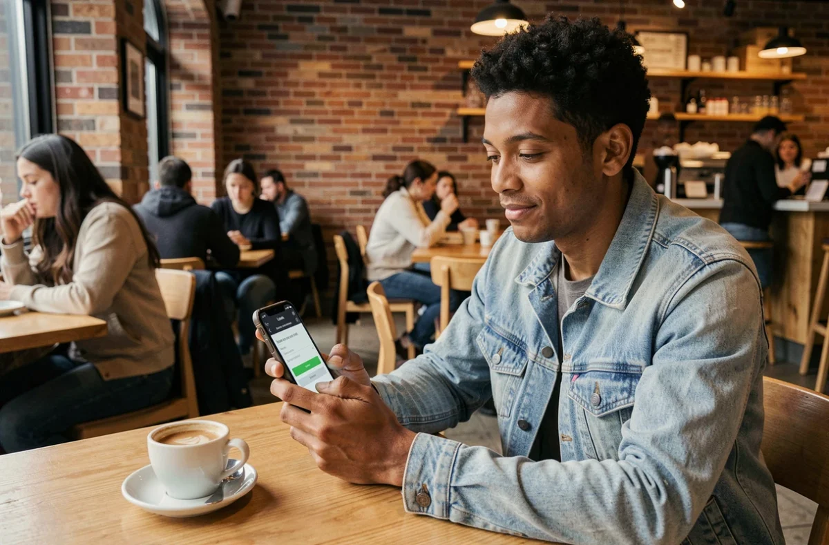 Personne utilisant un smartphone dans un café pour faire une demande de prêt immédiat sans justificatif de revenu