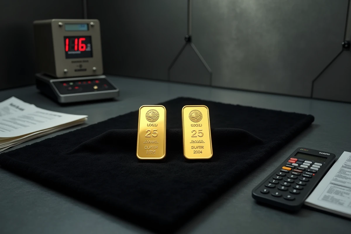 Deux lingots d'or 250g sur velours noir avec balance de précision dans un coffre-fort bancaire professionnel