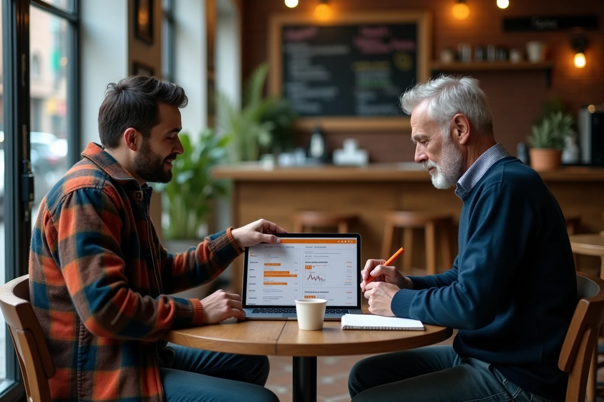 Deux investisseurs particuliers discutant d'erreurs boursières sur le forum Boursorama autour d'une tablette dans un café