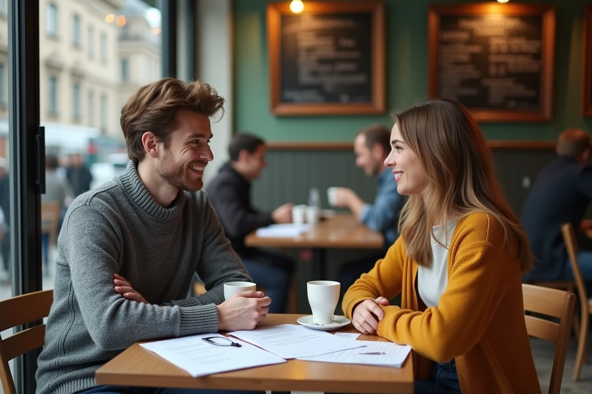 Deux jeunes professionnels discutant des attentes salariales juniors autour d'un café à Genève