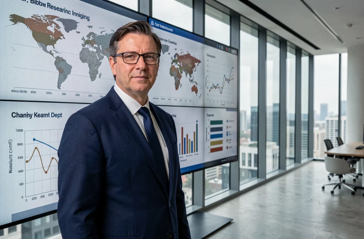 Économiste analyste devant un écran de données sur la dette mondiale dans un institut financier moderne