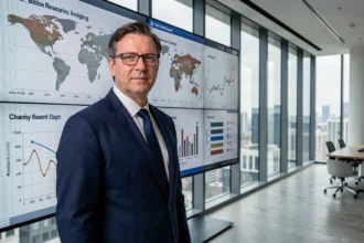 Économiste analyste devant un écran de données sur la dette mondiale dans un institut financier moderne