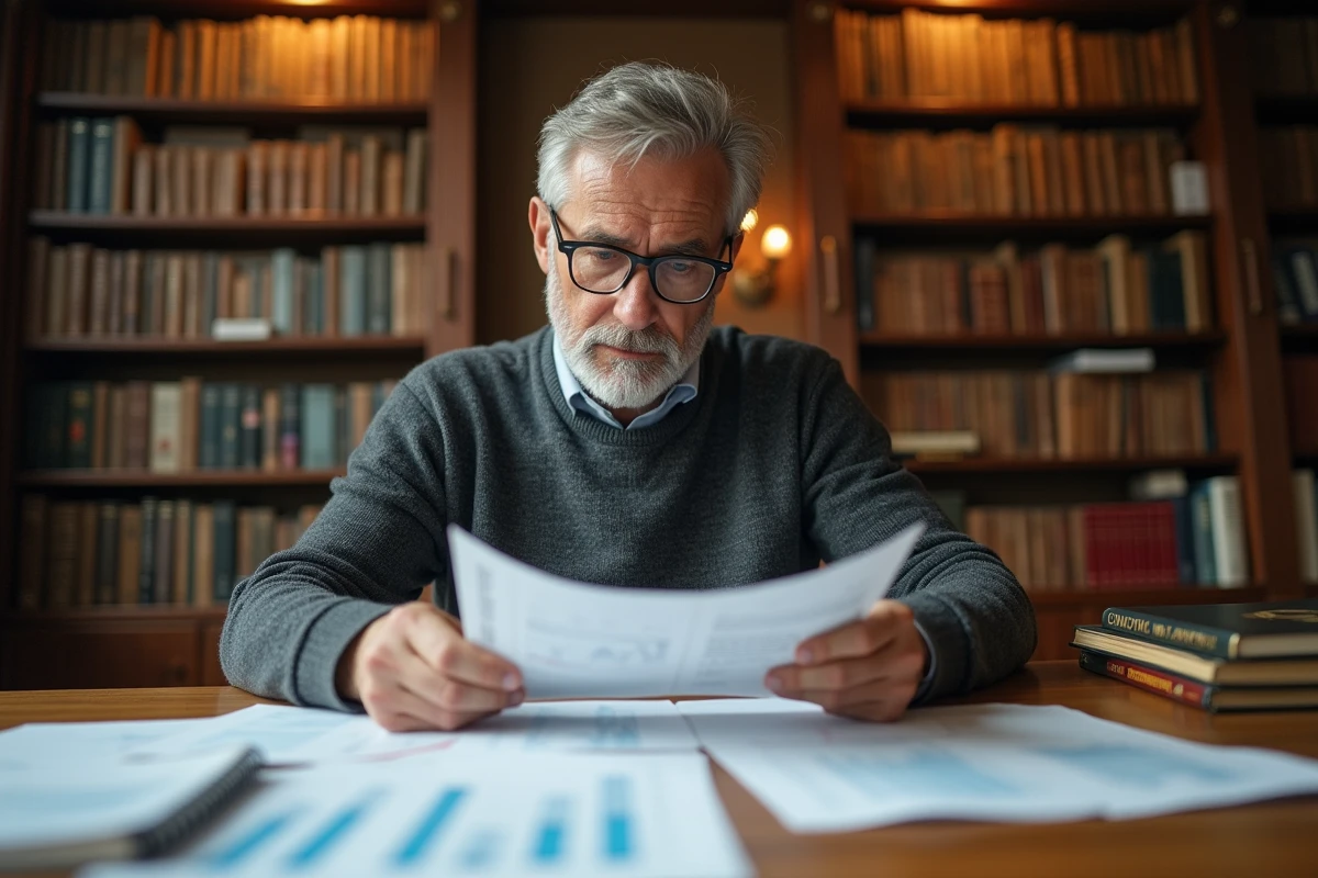 Économiste tchèque étudiant des rapports financiers dans une salle de réunion universitaire de Prague