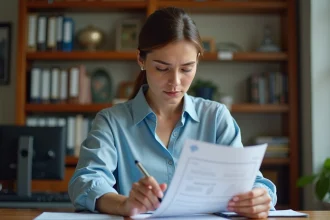 Enseignante examinant attentivement son bulletin de salaire à son bureau, repérant une erreur sur son document de paie de l'Éducation nationale