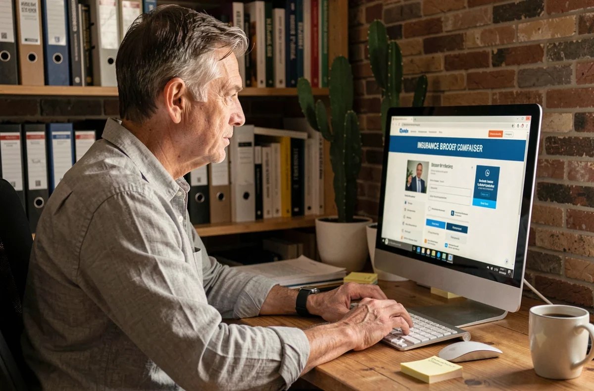 Chef d'entreprise comparant des courtiers en assurance en ligne depuis son bureau à domicile, représentant la recherche du meilleur courtier pour son entreprise