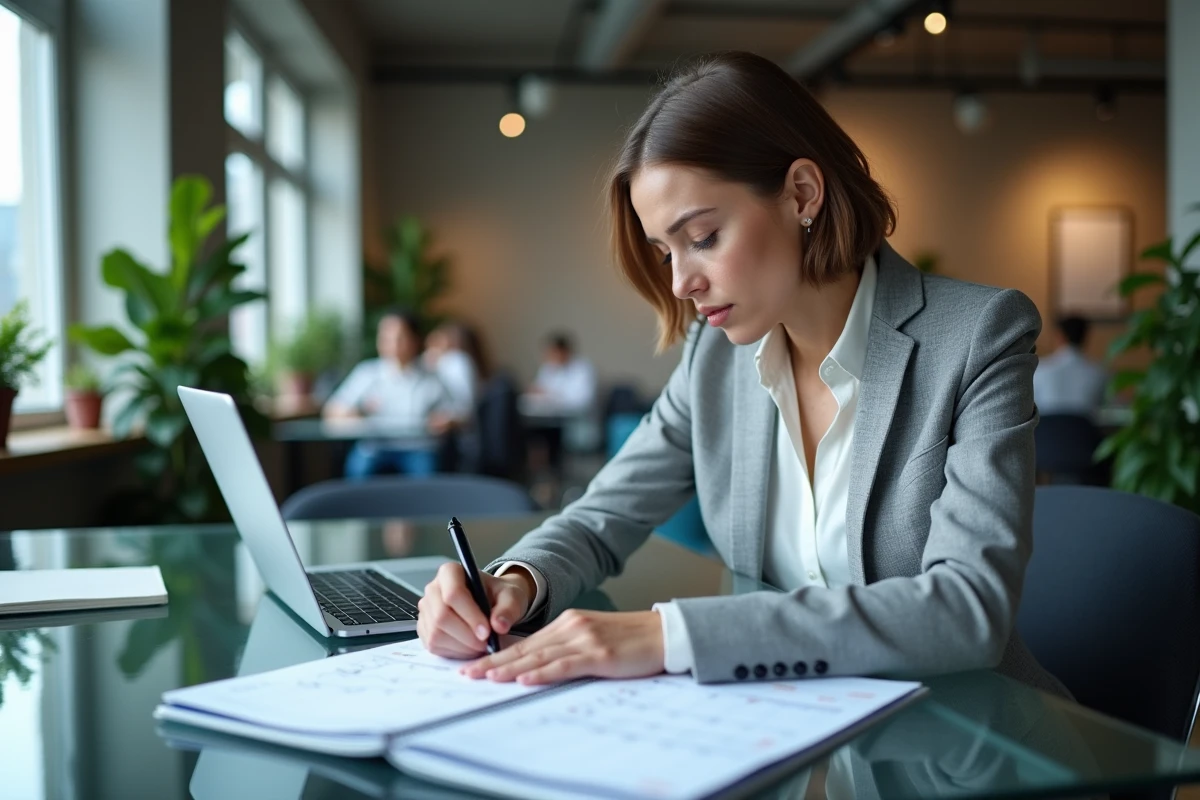 Femme entrepreneur organisant son calendrier de paiements TVA et IS dans un espace de coworking moderne