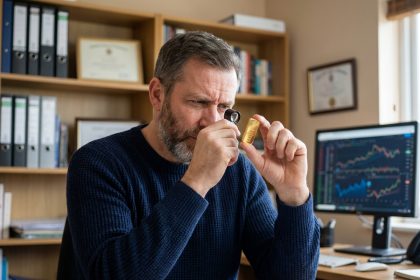 Un homme d'âge mûr examine attentivement un lingot d'or dans son bureau à domicile, illustrant l'intérêt des épargnants pour l'or en période d'incertitude économique