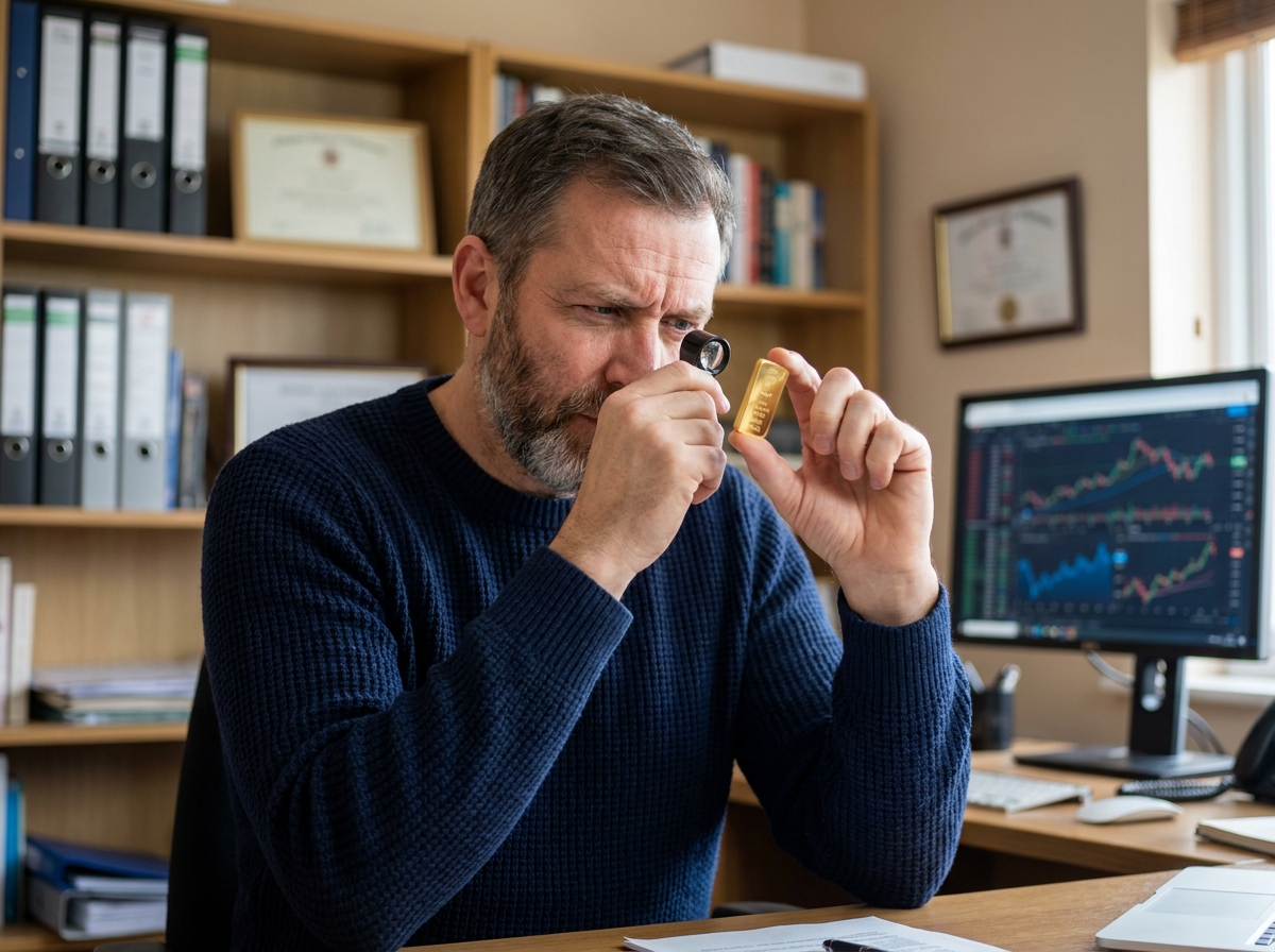 Un homme d'âge mûr examine attentivement un lingot d'or dans son bureau à domicile, illustrant l'intérêt des épargnants pour l'or en période d'incertitude économique