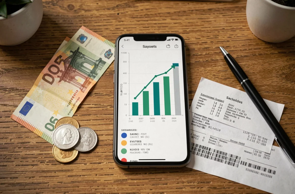 Vue aérienne d'un bureau avec smartphone affichant une courbe d'épargne, billets en euros et relevé bancaire imprimé