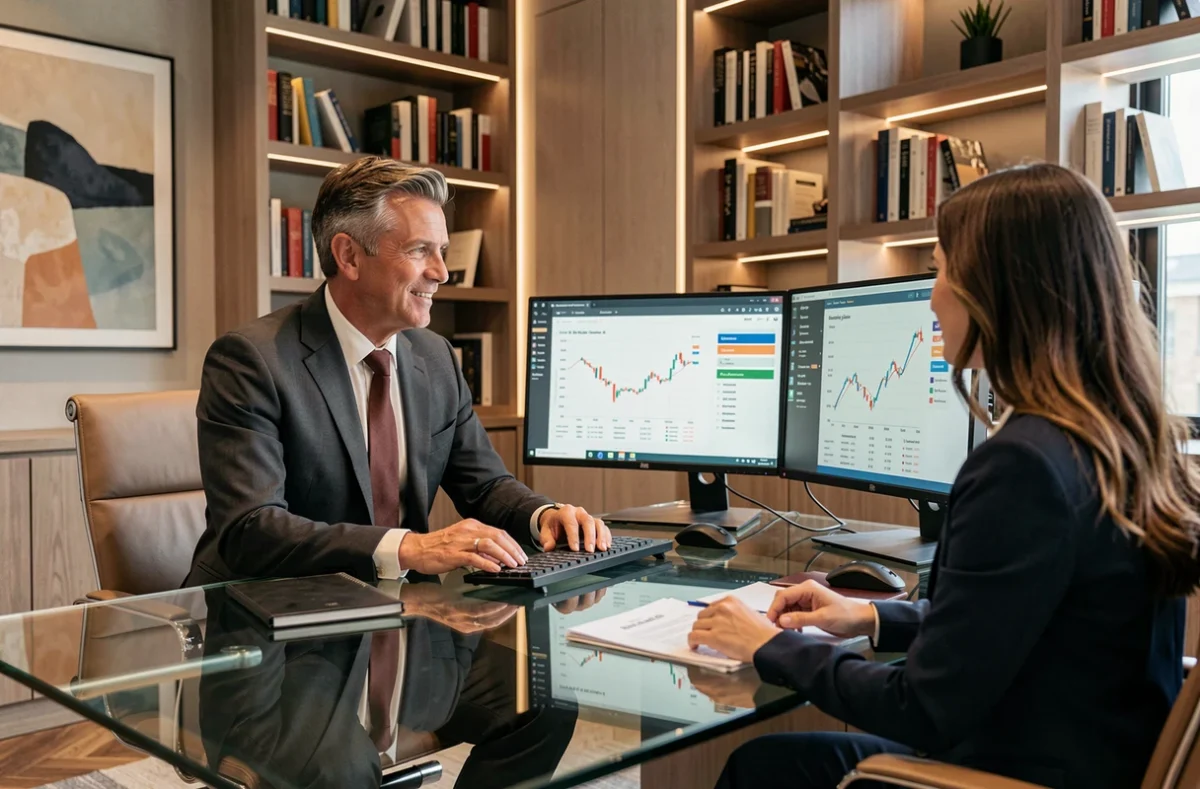 Un consultant d'Exelia Conseil Sasu analyse des graphiques financiers et d'assurance avec une cliente