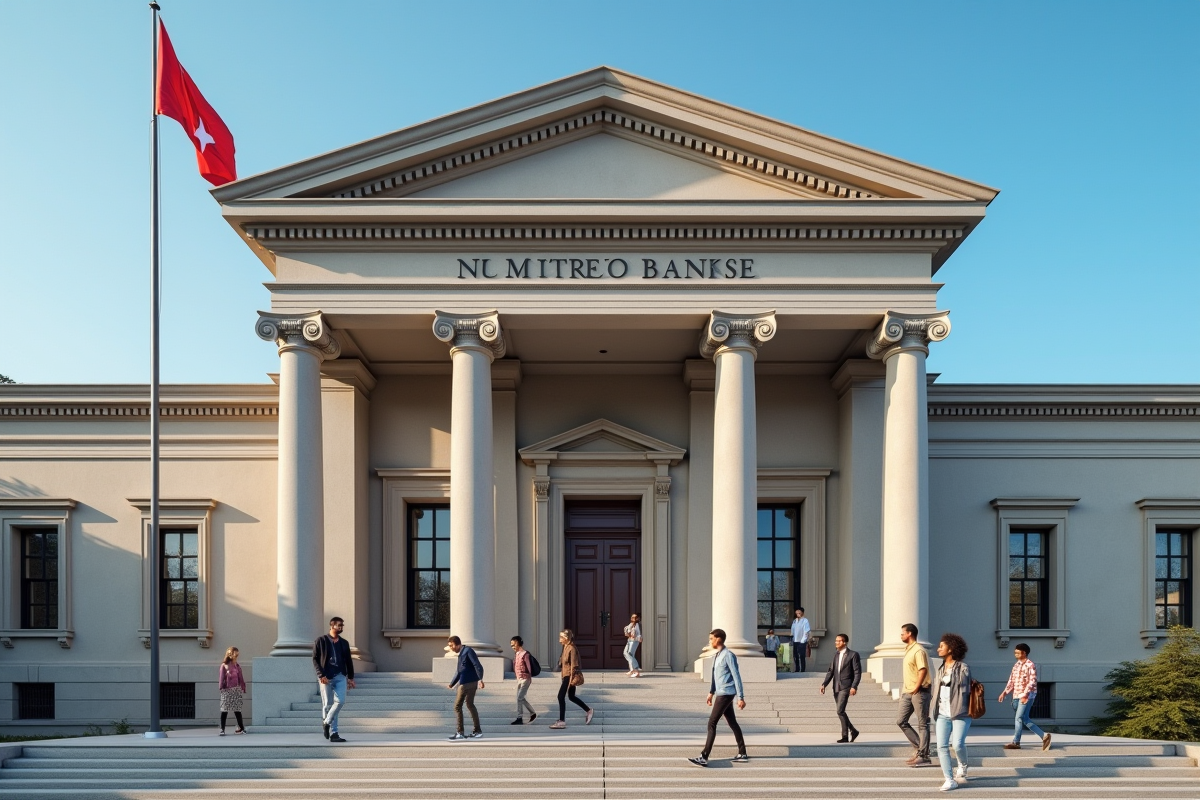 Façade d une banque avec colonnes et drapeau en extérieur