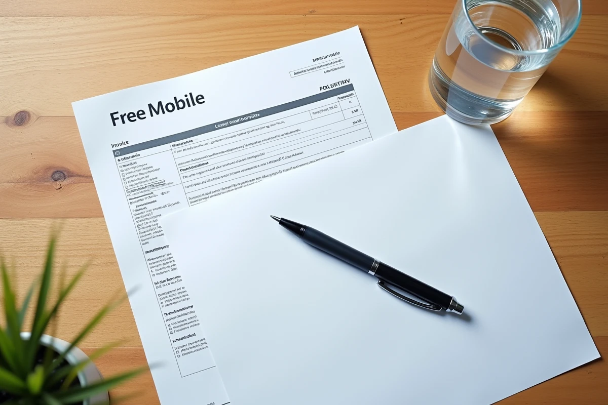 Vue aérienne de factures Free Mobile et formulaire fiscal sur un bureau en bois