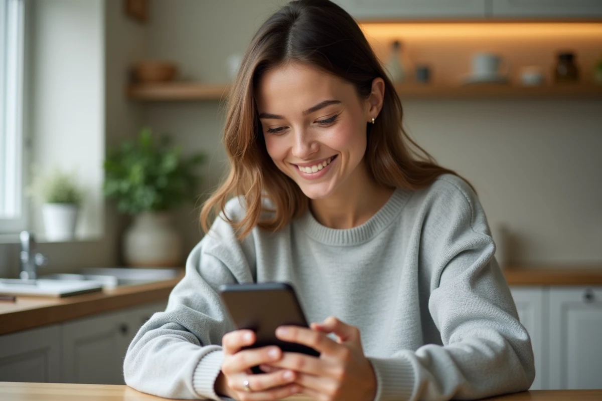 Femme utilisant une application mobile sur smartphone pour effectuer un achat Bimpli depuis sa cuisine