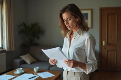 Femme d'âge moyen tenant des documents dans un salon