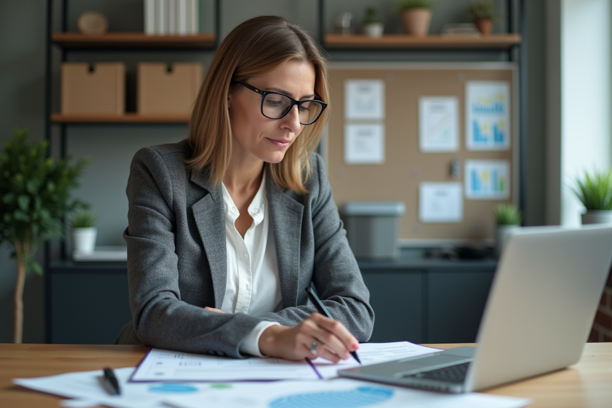 Femme d'affaires en costume gris travaillant à son bureau
