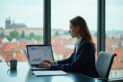 Femme d'affaires tchèque analysant des données financières dans un bureau moderne avec vue sur Prague en 2026