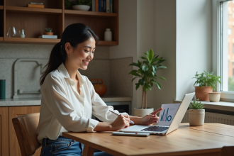 Femme souriante analysant un graphique de prêt immobilier