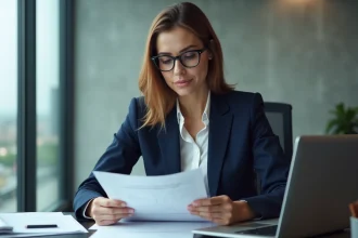 Femme en costume navy lit un manuel d'assurance dans un bureau