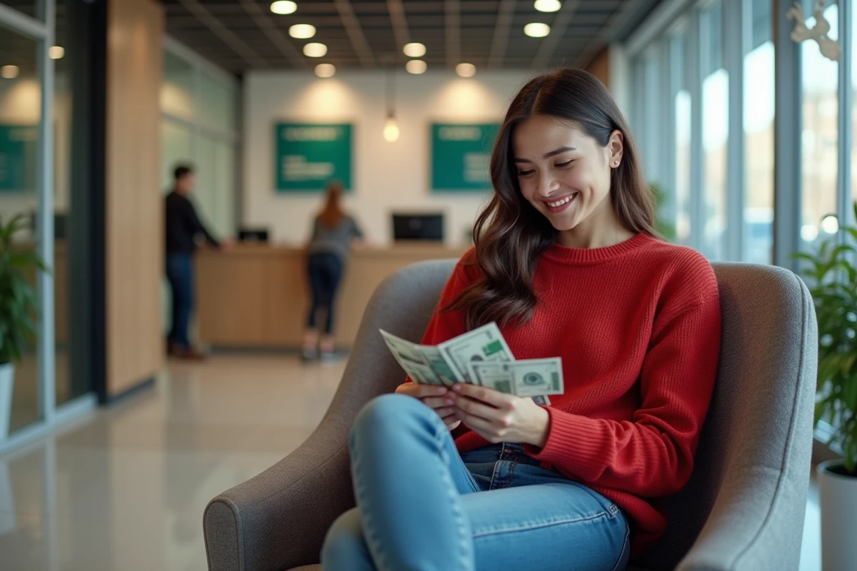 Jeune femme comptant des billets dans une agence bancaire