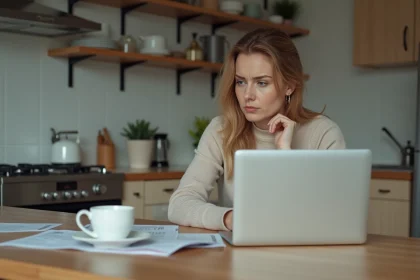 Femme réfléchissant à ses finances sur son ordinateur à la maison