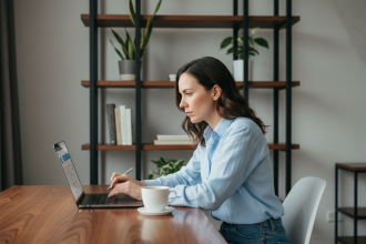 Jeune femme au bureau à domicile compare options bancaires