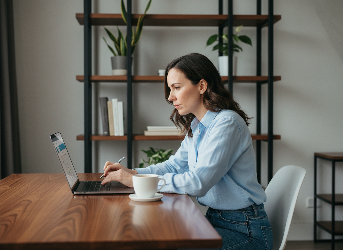 Jeune femme au bureau à domicile compare options bancaires