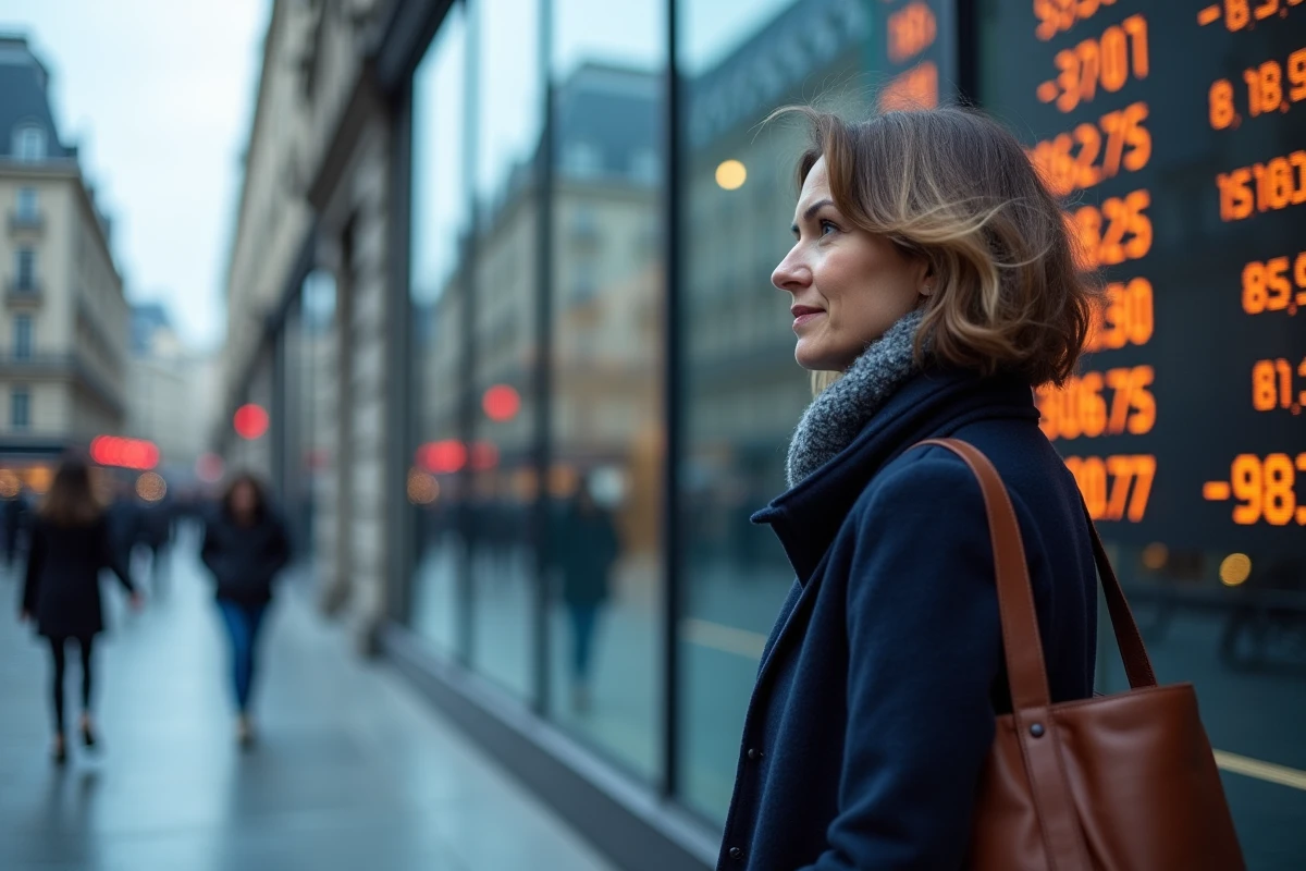 Femme citoyenne observant un tableau de cotations boursières numériques sur la façade d'un bâtiment financier à Paris