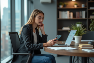 Jeune femme au bureau regardant son ordinateur et smartphone