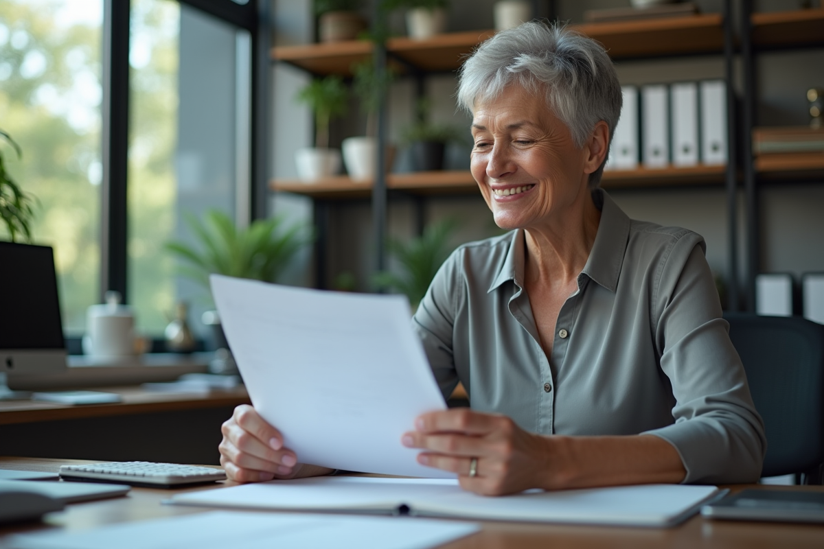 Femme d'âge moyen lisant des papiers au bureau