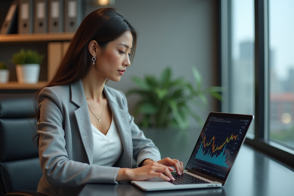 Jeune femme en tenue professionnelle travaillant sur un ordinateur portable