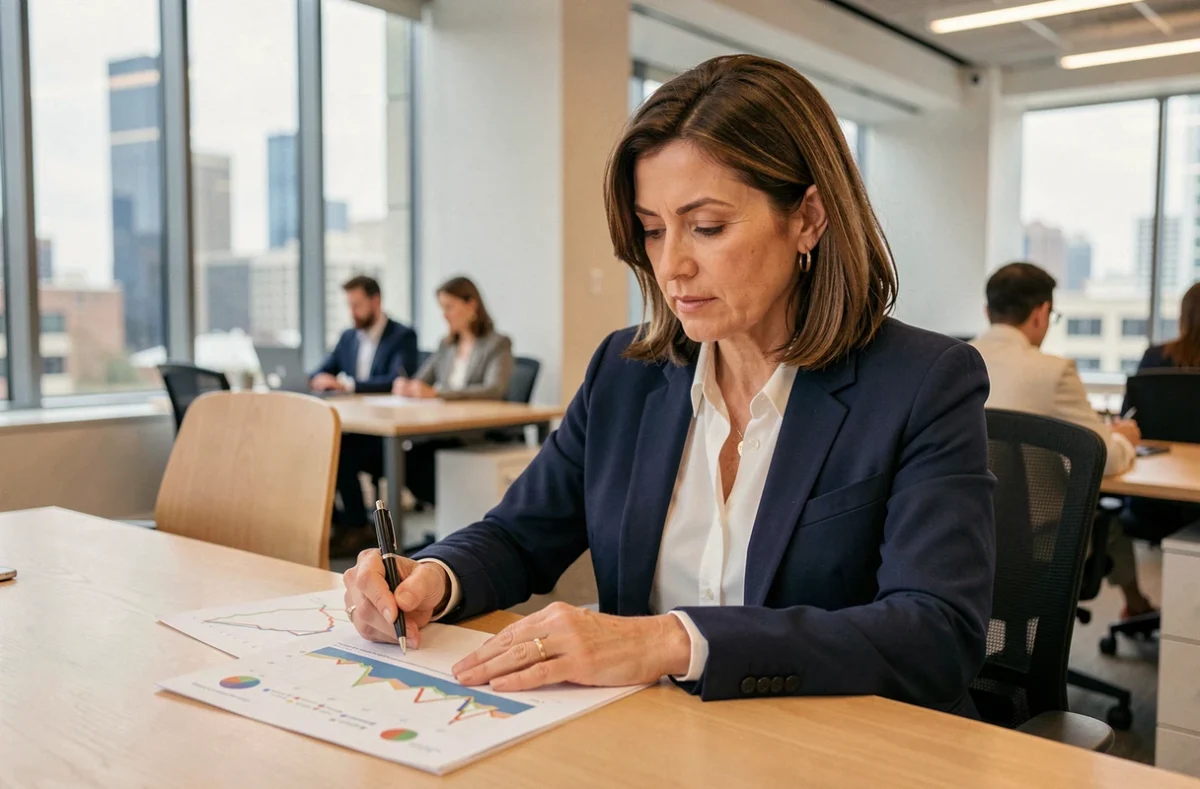 Femme cadre analysant des graphiques de rendement financier liés au CMS 10 ans dans un bureau moderne