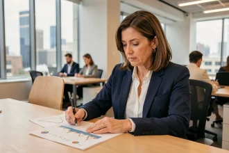 Femme cadre analysant des graphiques de rendement financier liés au CMS 10 ans dans un bureau moderne