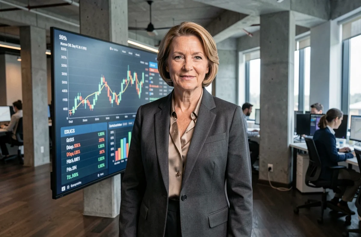 Femme cadre en blazer devant un écran d'analyse financière dans une salle de marché moderne, illustrant le monde des grandes fortunes et de la gestion de patrimoine en France