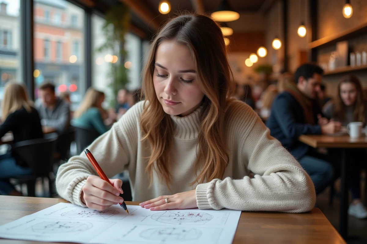 Jeune femme annotant un graphique dans un café animé