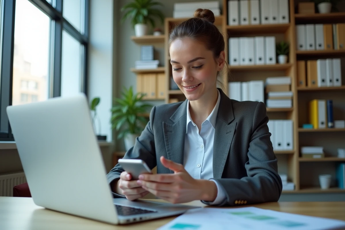 Femme en bureau moderne calcule sur son smartphone