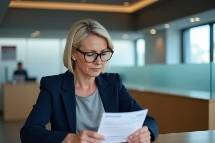 Femme examinant un chèque de banque au guichet du Crédit Agricole pour vérifier le délai d'encaissement