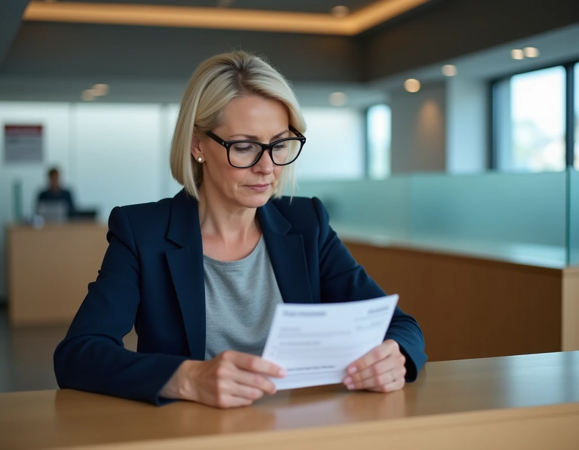 Femme examinant un chèque de banque au guichet du Crédit Agricole pour vérifier le délai d'encaissement