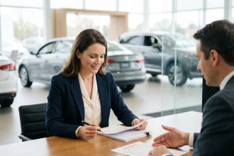 Femme confiante en réunion dans un showroom automobile