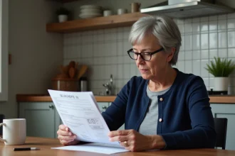 Femme aux cheveux gris consultant son relevé de droits de pension d'invalidité à la table de cuisine